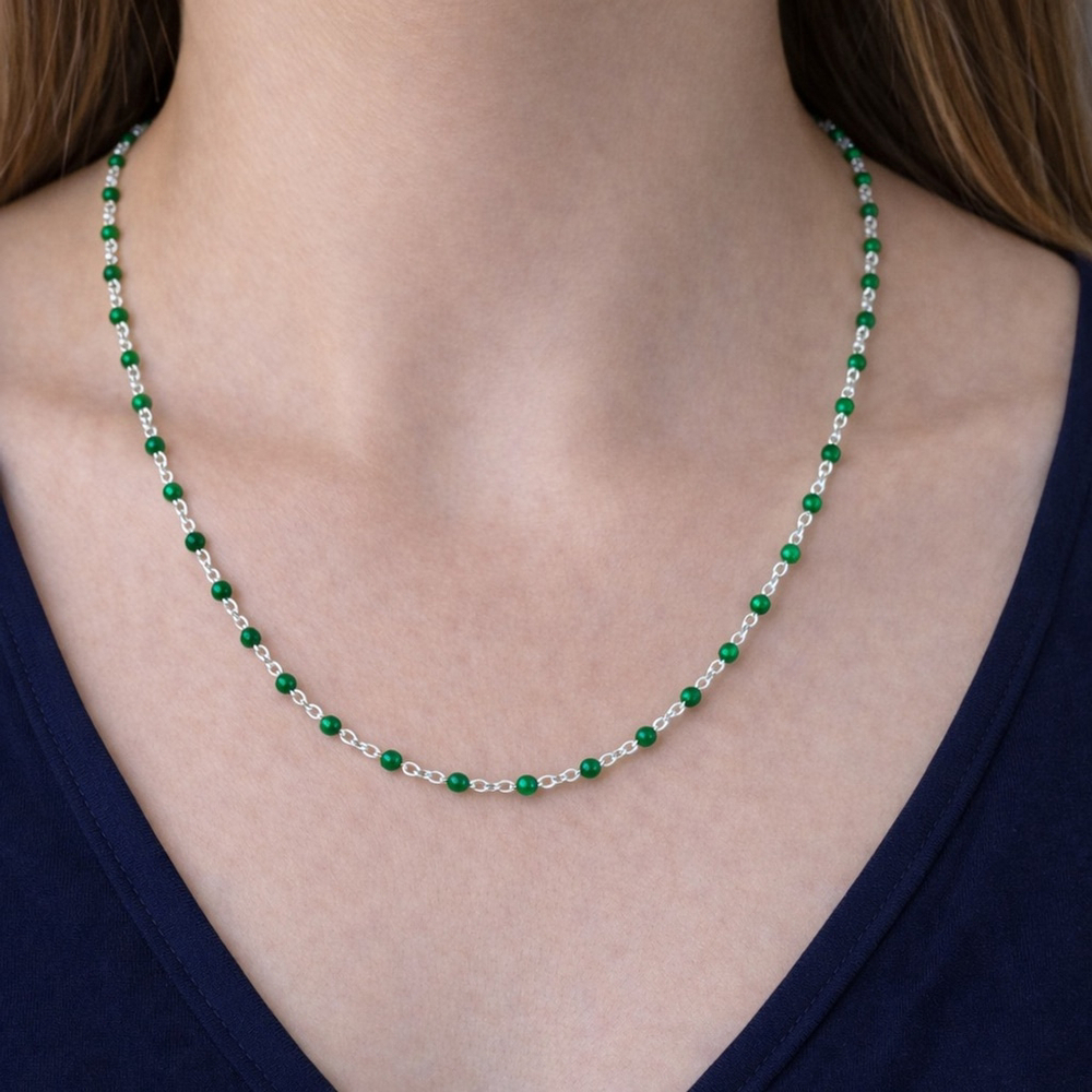 Necklace - 18” Stainless Steel Silver tone Necklace with Green Bead Accents - Picture 2 of 5